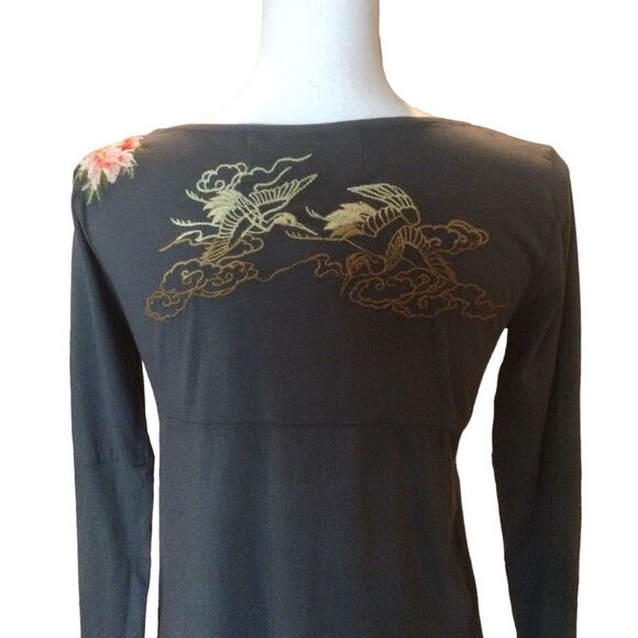 Johnny Was Long-Sleeved Pin Tuck Front Floral Crane Embroidered Tunic Top Size S - Picture 5 of 11